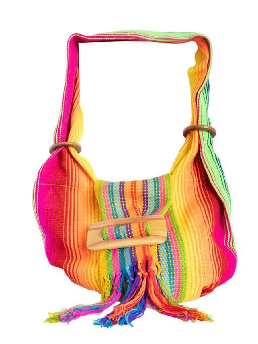 Colorful woven bag with a wooden handle on a white background
