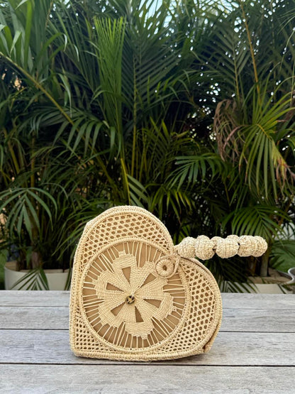 Amor Vegan Bag Handwoven by Colombians - Authentic Palm Fiber Heart-Shaped Bag 8.5x9x4 Inch Natural Dyeing Artisan Craftsmanship