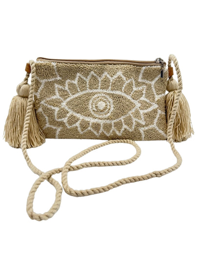 Colorful crossbody clutch bag with evil eye motif