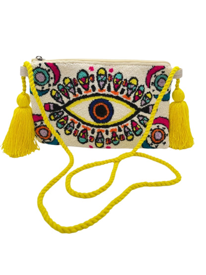 Evil eye crossbody clutch with decorative tassels
