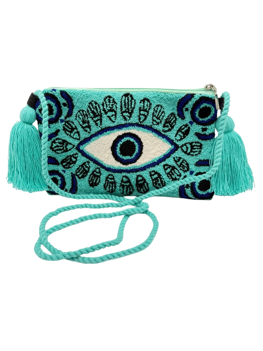 Evil eye crossbody clutch with woven texture