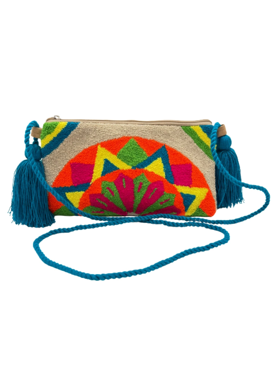 Handmade crossbody clutch bag with tassel accents