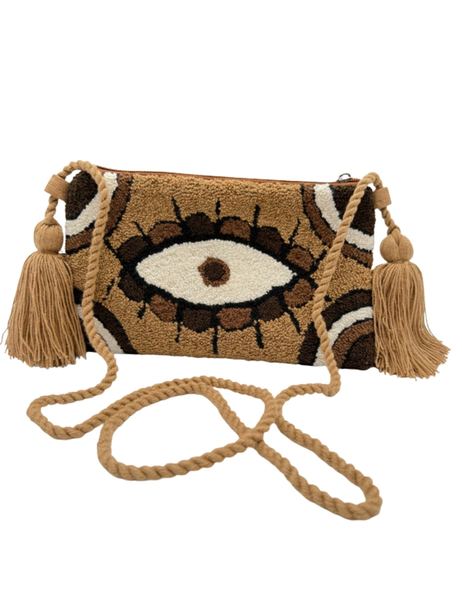 Evil eye crossbody clutch inspired by traditional artistry