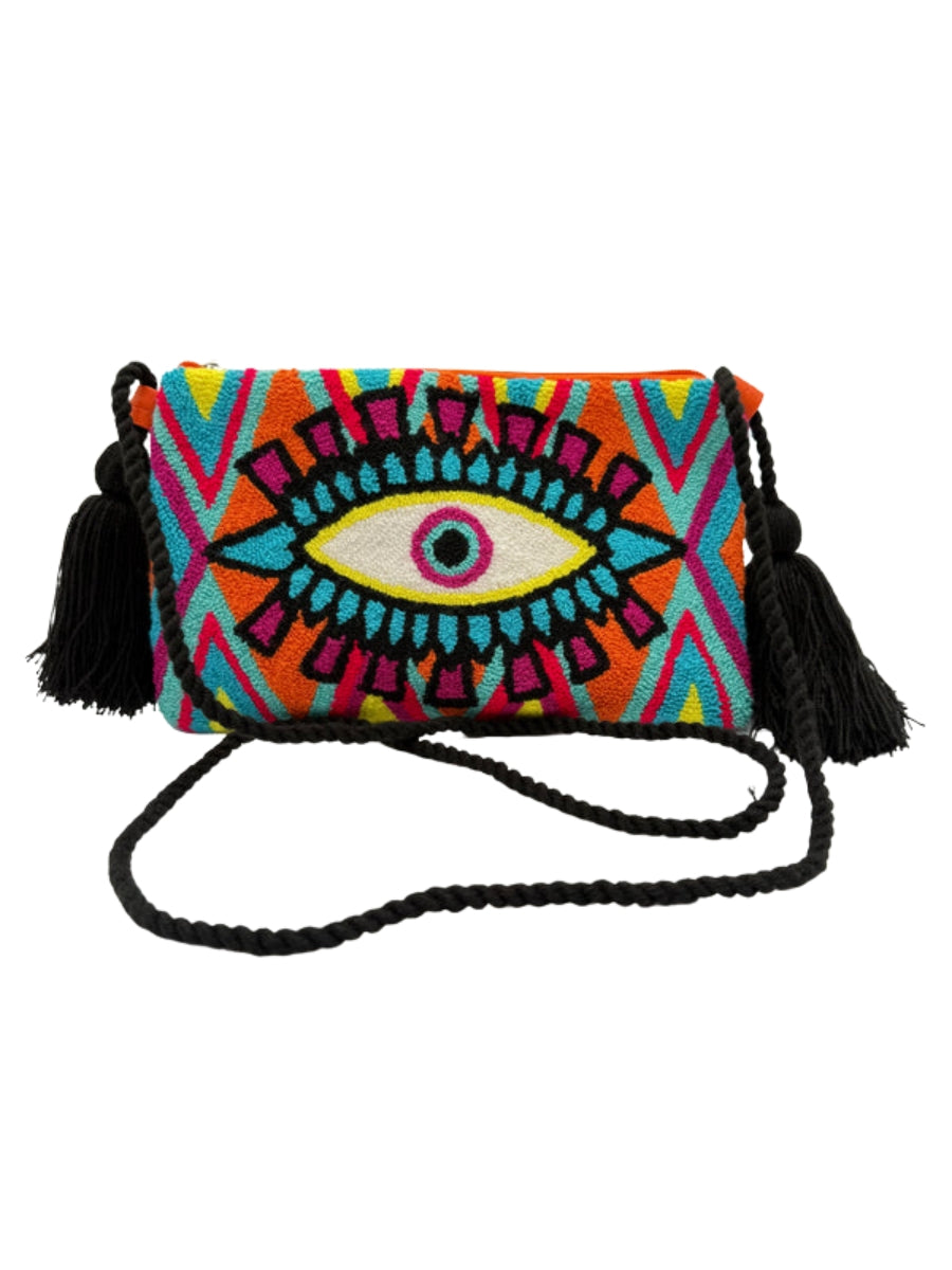 Handmade crossbody clutch bag with vibrant colors