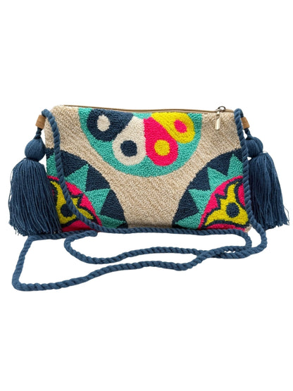 Handmade crossbody clutch bag with evil eye pattern