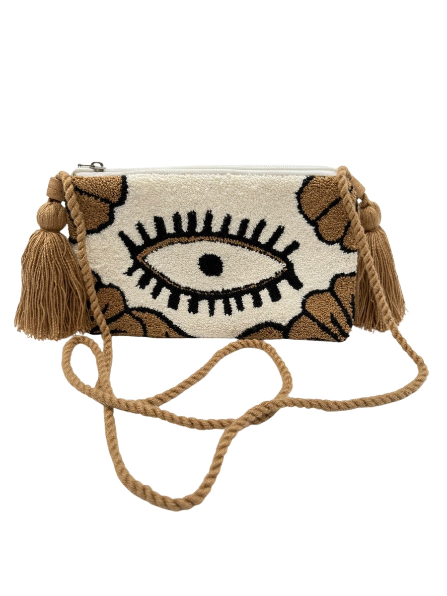 Handcrafted evil eye crossbody clutch bag