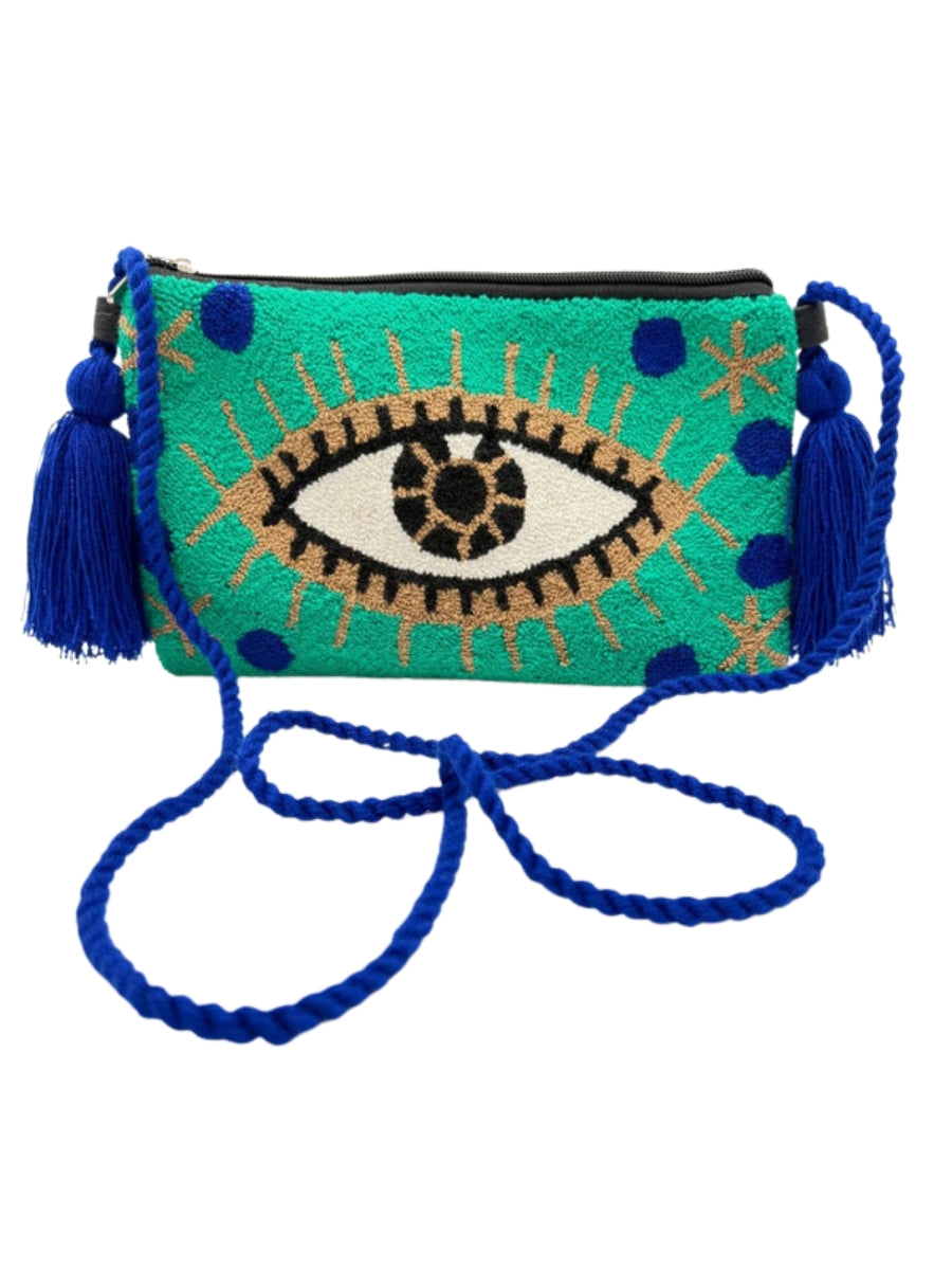 Crossbody clutch with handcrafted woven details