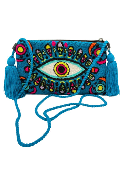 Evil eye crossbody clutch with handcrafted finish