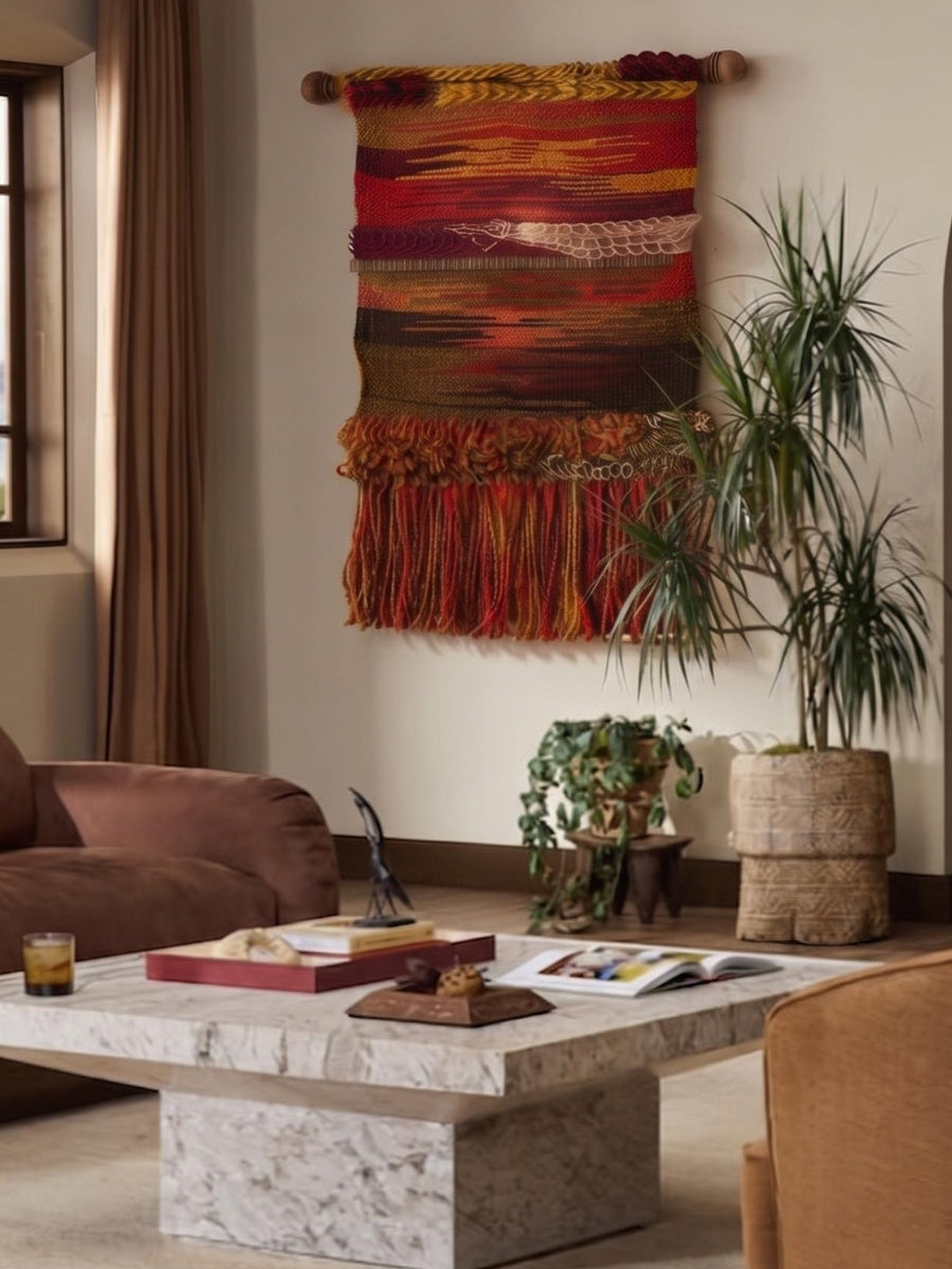 Artisan-made wall tapestry with natural wooden dowel