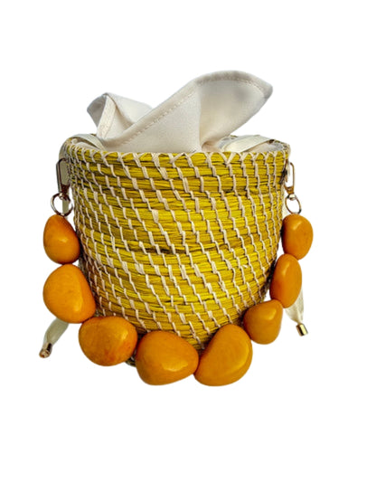Colombian artisan crafted rattan bucket bag with woven detail