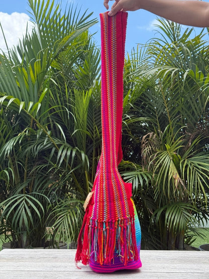 Side view of handwoven tote bag texture and vibrant threads