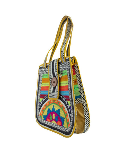 Vegan handbag with colorful woven pattern
