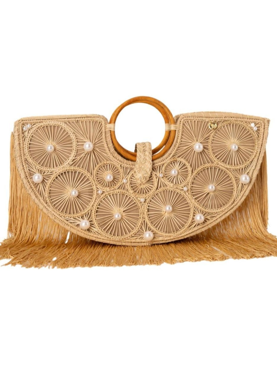 Woven artisan fringe bag with natural finish