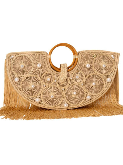 Woven artisan fringe bag with natural finish