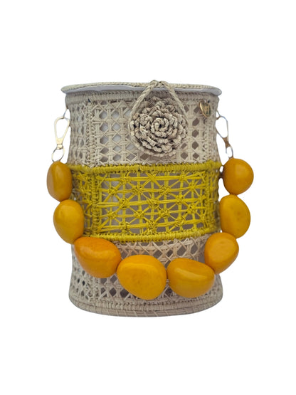 Tropical Sunrise Rattan Bucket Bag