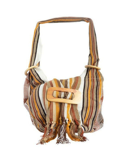 Striped handbag with a wooden buckle 
