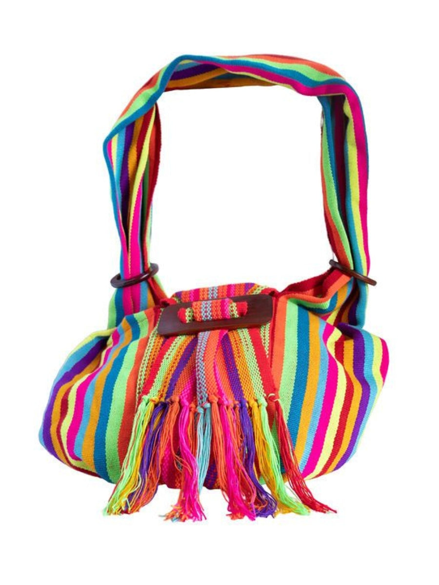 Colorful striped handbag with fringes on a white background