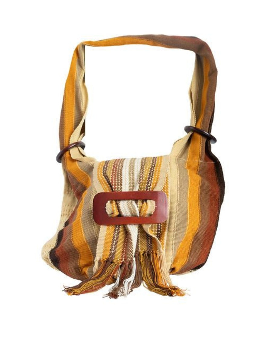 Striped handbag with a brown buckle on a white background