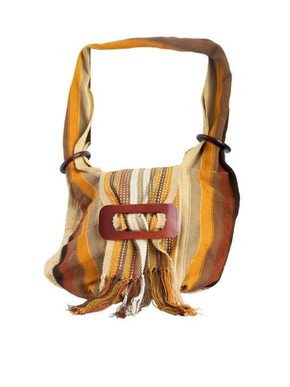 Striped handbag with a brown buckle on a white background