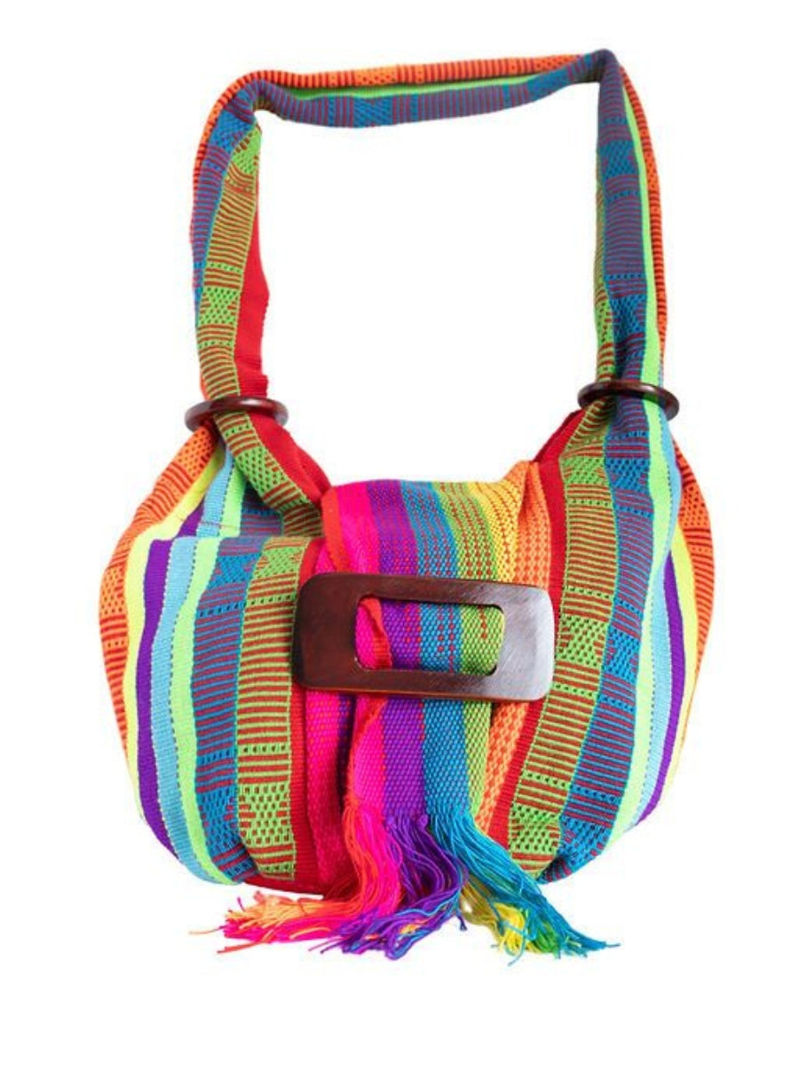 Colorful striped bag with a buckle on a white background