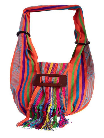 Colorful striped bag with a brown buckle on a white background