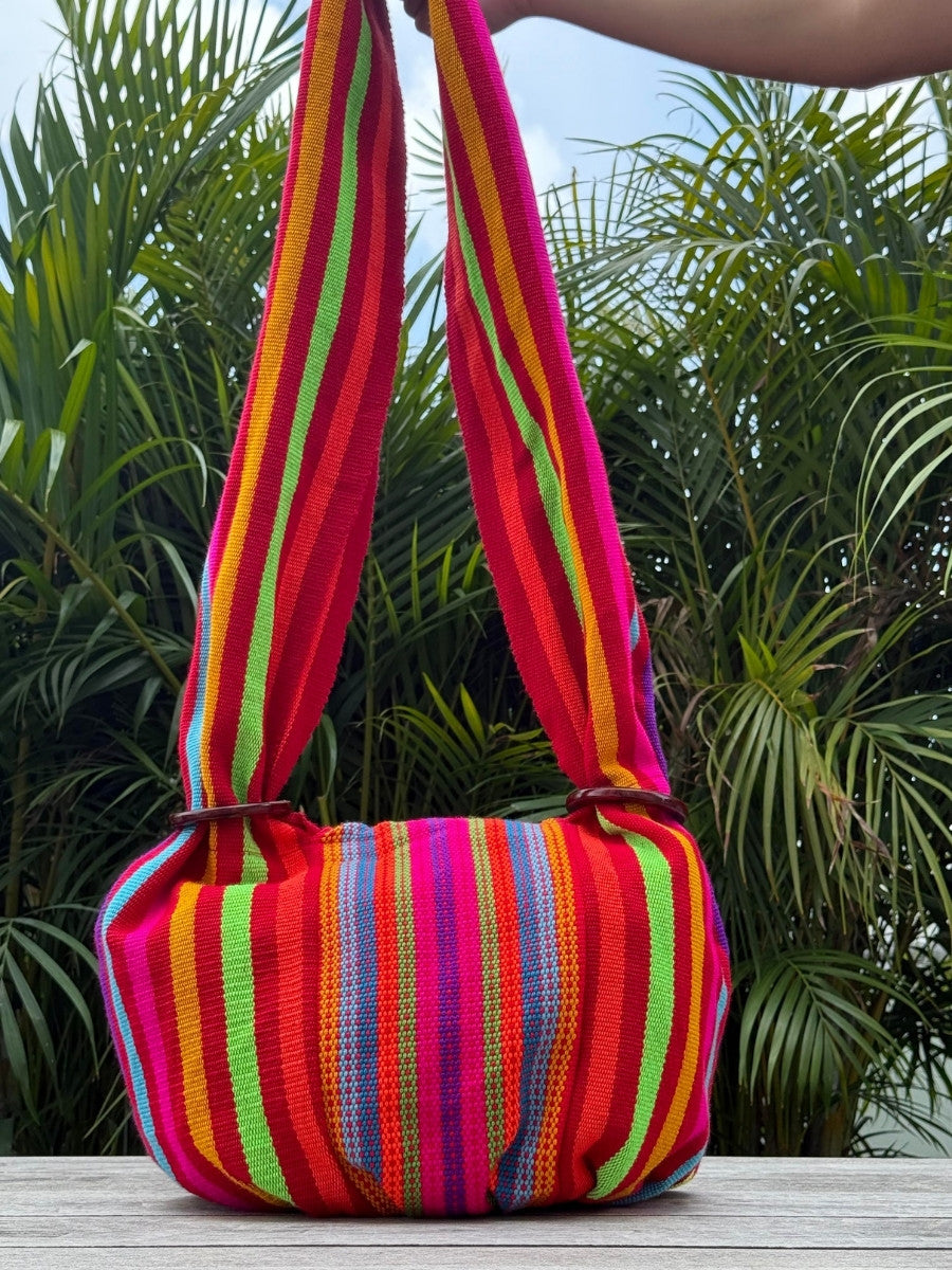 back view of crossbody bag handwoven textile pattern